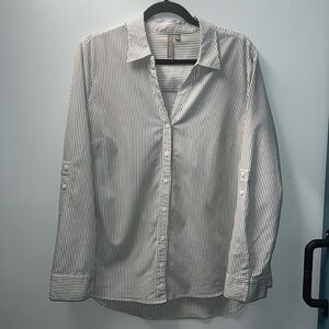 Brina & Em large thin-striped button down, V-neck, sleeves roll up with button